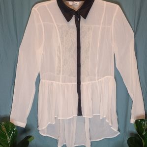 Sheer blouse with lace panel and leather trim